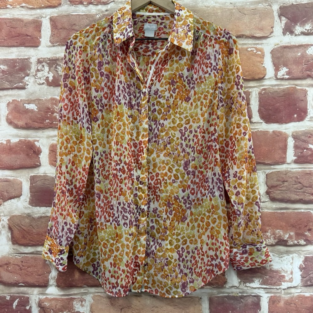 Chico's Top Women's 8/10 Multicolor Abstract Animal Print Sheer Button Up Shirt